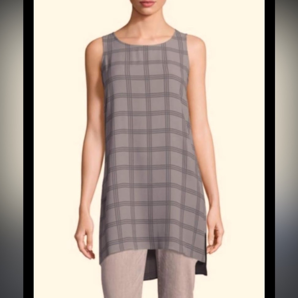 Eileen Fisher Georgette gray plaid 100% silk crepe tunic sleeveless top